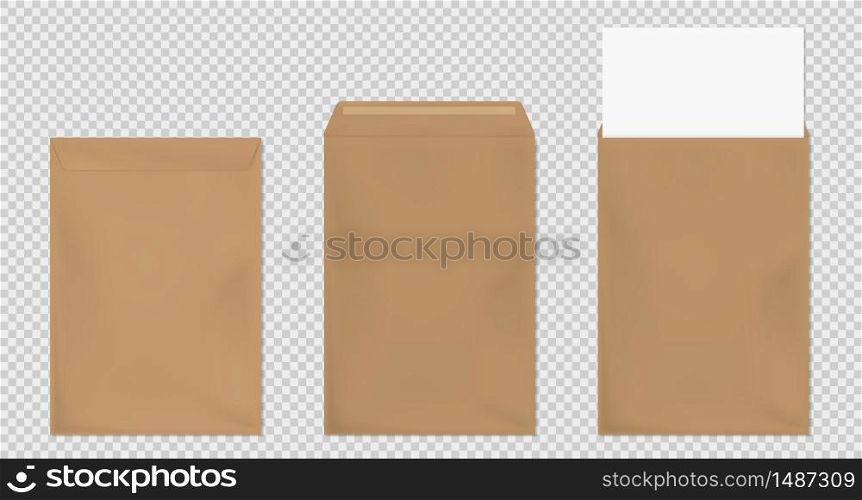 Brown envelopes A4 template set. Blank closed and open craft paper covers, vertical letter package with white sheet. Mock up of folder for business documents and messages, Realistic 3d vector mockup. Brown envelope A4 template, blank paper covers set