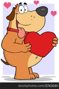 Brown Fat Dog Holding Up A Red Heart
