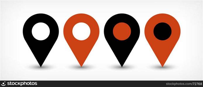 Brown flat map pin sign location icon with shadow. Map pin sign location icon with gray shadow in flat simple style. Four variants in two color black and brown rounded shapes isolated on white background. Vector illustration web design element 8 EPS