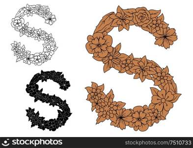 Brown floral letter S in uppercase font with vintage ornament of flowers and field herbs, for monogram or decorative alphabet design. Letter S with vintage floral motifs