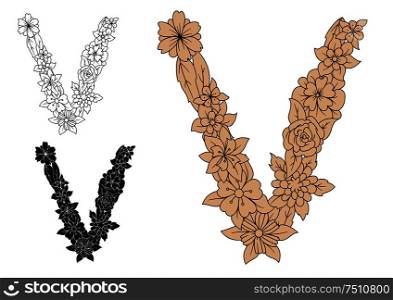 Brown floral uppercase letter V with ornamental dainty field flowers. For vintage monogram or romantic alphabet design. Letter V with retro floral elements