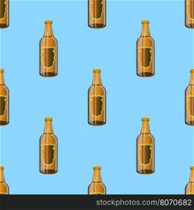 Brown Glass Beer Bottles Seamless Pattern on Blue Background.. Brown Glass Beer Bottles Seamless Pattern