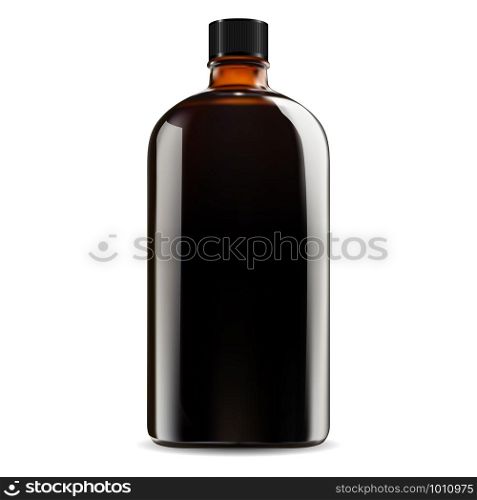 Brown glass bottle. Cosmetic, medical syrup jar mockup. Pharmacy vector vial realistic blank. Liquid medicament packaging illustration with screw cap. Round amber cold coffee brew storage. Brown glass bottle. Cosmetic, medical syrup jar