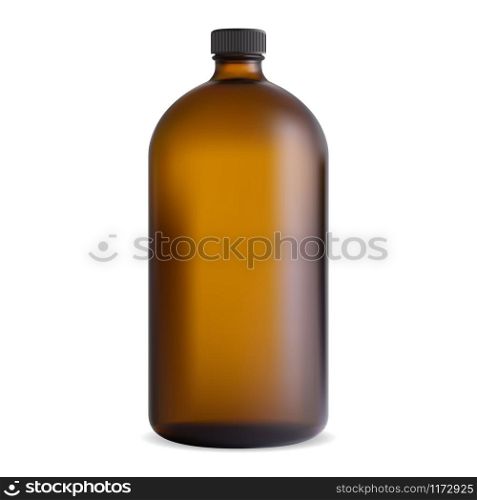 Brown glass bottle. Medical syrup jar. Pharmaceutical vitamin container mockup. Amber chemical template with screw cap vintage design translucent 3d vial. Cosmetic shampoo, spa juice. Brown glass bottle. Medical syrup jar. Shampoo