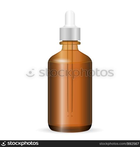 Brown glass cosmetic bottle with dropper. Vector illustration. Jar for medicine, liquid, aroma oil. Realistic Transparent Packaging.. Brown glass cosmetic bottle with dropper. Vector