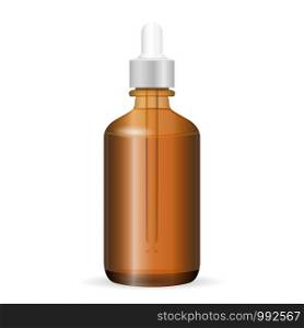 Brown glass cosmetic bottle with dropper. Vector illustration. Jar for medicine, liquid, aroma oil. Realistic Transparent Packaging.. Brown glass cosmetic bottle with dropper. Vector