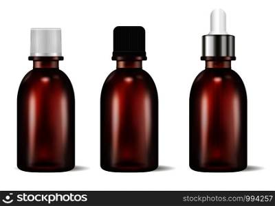 Brown glass cosmetic or medicine bottles set. Mock up with different caps, white, black, dropper. Vector illustration.. Brown glass cosmetic or medicine bottles set