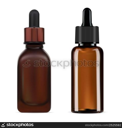 Brown glass dropper bottle. Cosmetic serum packaging. Eye drop essential oil bottle design. Pharmacy product flask with pipette cap. Eye care serum product package design for your label. Brown glass dropper bottle. Cosmetic serum packaging