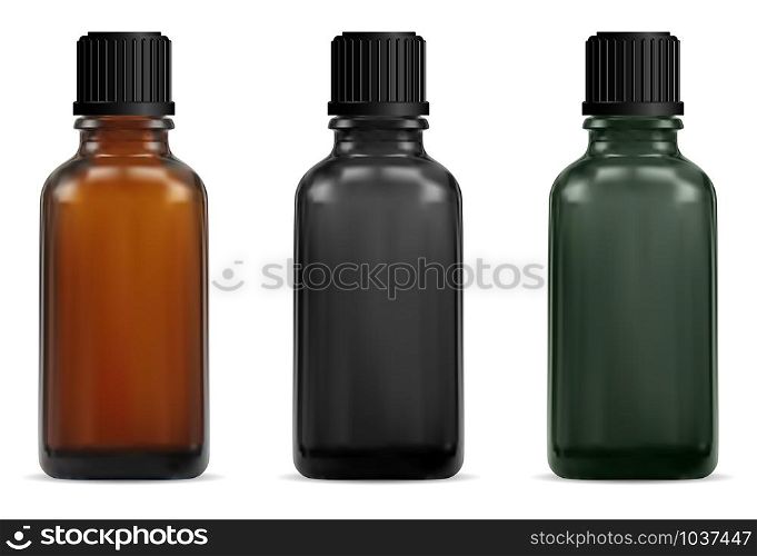Brown glass medical bottle mockup. Pharmacy cyrup jar. Realistic blank of liquid drug vial. Vitamin or medicament container with screw cap. Essential oil transparent packaging. Prescription suspension. Brown glass medical bottle mockup. Pharmacy cyrup