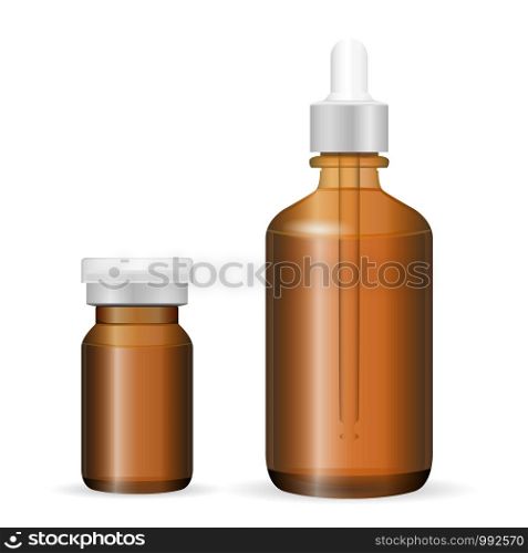 Brown glass or plastic bottle set for cosmetics, medicine. EPS Vector illustration. Injection and dropper bottles isolated on background.. Brown glass, plastic bottle set cosmetic, medicine