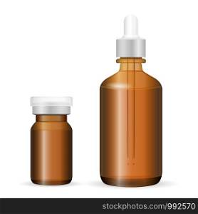 Brown glass or plastic bottle set for cosmetics, medicine. EPS Vector illustration. Injection and dropper bottles isolated on background.. Brown glass, plastic bottle set cosmetic, medicine