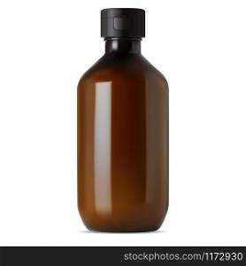 Brown glass pharmacy bottle. Medical syrup vial. Liquid drug realistic amber container with screw cap. Translucent medicine flacon for cure. 3d design without label and logo. Cosmetic blank. Brown glass pharmacy bottle. Medical syrup vial