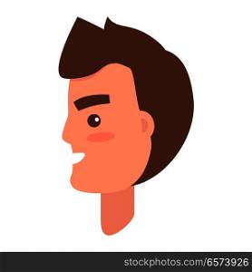 Brown-haired man s face with pink cheeks from side view isolated icon on white background. Cartoon young male character smiles with teeth. Modern man hairstyle example vector illustration.. Male Character Face from Sideview Illustration