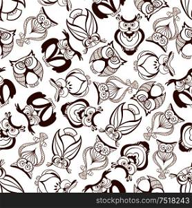 Brown horned owls seamless pattern of sketched bird of prey with folded wings and huge eyes randomly scattered over white background. Education theme or forest wildlife design. Seamless great horned owls pattern background