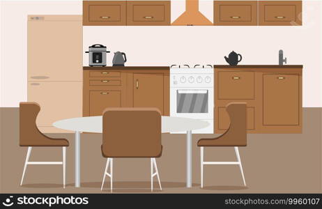 Brown kitchen with modern design. Flat design vector.