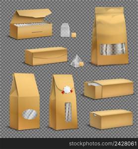 Brown kraft paper tea bags and loose leaves packs boxes packages realistic set transparent background vector illustration . Tea Packaging Set Realistic Transparent