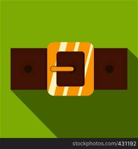 Brown leather belt with gold square buckle icon. Flat illustration of brown leather belt with gold square buckle vector icon for web on lime background. Brown leather belt with gold square buckle icon