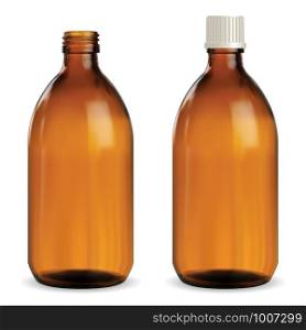 Brown Medical Bottle. Amber Glass Vial. Syrup Jar. Realistic Pharmaceutical Container Blank Illustration for Liquid Vitamin or medicament. Essential Packaging Template with Screw Cap for Antiseptic. Brown Medical Bottle. Amber Glass Vial. Syrup Jar