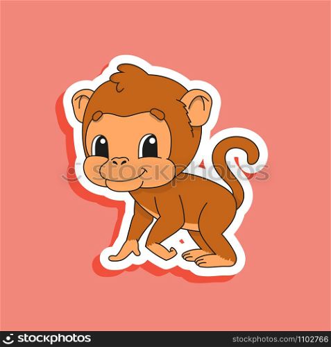 Brown monkey. Bright color sticker of a cute cartoon character. Flat vector illustration isolated on color background. Design element.