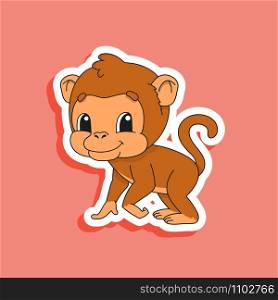 Brown monkey. Bright color sticker of a cute cartoon character. Flat vector illustration isolated on color background. Design element.