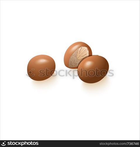 Brown nuts whole. hazelnut or Macadamia on white background. Top view. for food, cooking, bakery, tags, decoration. Brown nuts whole. hazelnut or Macadamia on white background. Top view.