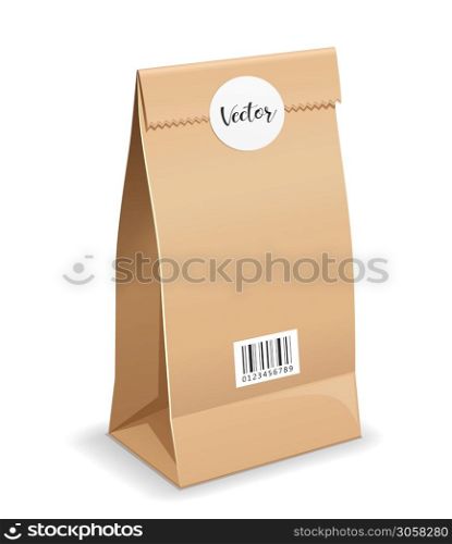 Brown paper bag folded, mouth bag there are circle stickers and barcodes, template design, isolated on white background Eps 10 vector illustration