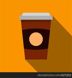 Brown paper coffee cup icon. Flat illustration of brown paper coffee cup vector icon for web isolated on yellow background. Brown paper coffee cup icon, flat style