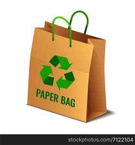 Brown paper eco bag with rgreen ecycling symbol isolated, care about environment vector illustration. Brown paper eco bag with sign isolated