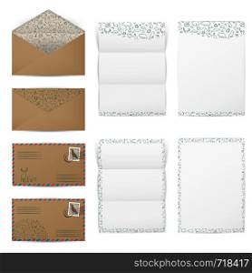 Brown paper envelopes and blank white letter papers with animal pattern template set, vector illustration