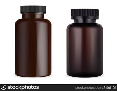Brown pill bottle. Amber plastic vitamin capsule jar. Supplement tablet packaging set, round box. Remedy drug bottle mockup sample, isolated illustration. Pharmacy product vector package. Brown pill bottle. Amber plastic vitamin capsule jar