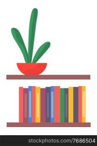 Brown plastic or wooden bookshelf, multi-colored stack folders, documents, red pot, green cactus or succulent. Folders and flower on office shelf. Decorating the office. Books, documents holder. Green cactus in red pot, shelf with multi-colored folders, documents. Office furniture equipment
