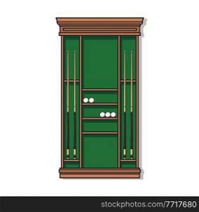 Brown pool cue rack with vector billiards sport game balls and cues. Billiard sporting equipment of wood holders and shelves for snooker sticks and balls on background of green billiard cloth. Brown pool cue rack, billiard sport balls and cues