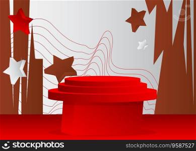 Brown, red and white mockup product display. Vector 3D room, stage showcase for presentation. Minimal geometric forms, cylinder pedestal podium.