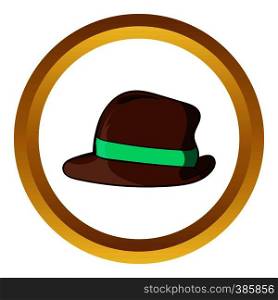 Brown retro hat vector icon in golden circle, cartoon style isolated on white background. Brown retro hat vector icon, cartoon style