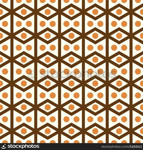 Brown rhombohedron or parallelogram pattern on pastel background. Retro rhomboid and circle seamless pattern style for classic or modern design