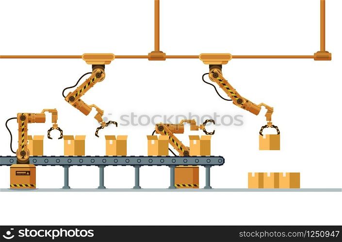 Brown Robotic Claw Automatic Packing Conveyor. Mechanical Robot Arm Crane Manufacture Technology. Yellow Grip Pack Box at Warehouse. Machinery Working Device. Flat Cartoon Vector Illustration. Brown Robotic Claw Automatic Packing Conveyor