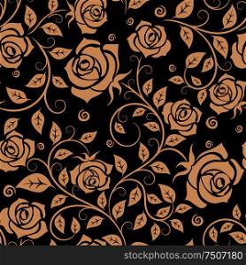 Brown roses floral seamless pattern with elegant flowers on twisted leafy stems adorned by curlicues on black background. Retro style. Retro roses floral seamless pattern