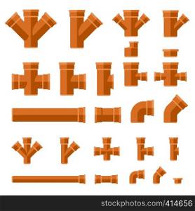 Brown sewage pipes flat icons. Set parts and pipes of engineering sewer system.. Brown sewage pipes