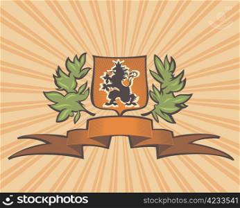 Brown shield with lion. Vector illustration.