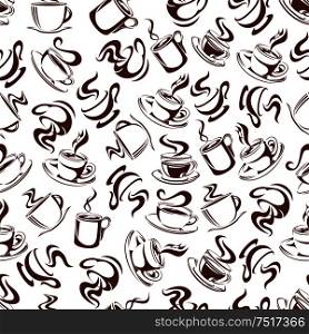 Brown sketch seamless coffee and tea beverages pattern of steaming porcelain cups with espresso and cappuccino, ceramic mugs with black and herbal tea on white background. Cafe interior or breakfast drinks theme design usage. Brown seamless coffee and tea beverages pattern