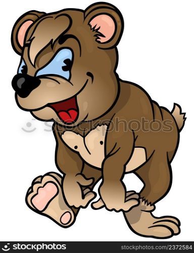 Brown Smiling Teddy Bear with Blue Eyes While Walking - Colored Cartoon Illustration Isolated on White Background, Vector