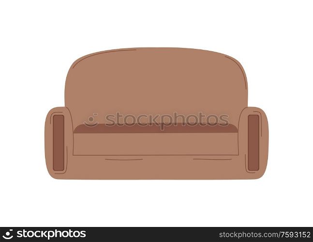 Brown sofa for house isolated. Vector living room furniture, cozy soft and comfortable couch cartoon style icon. Armchair of leather fabric, antique seat. Flat Sofa Cartoon Vector Brown Couch Isolated