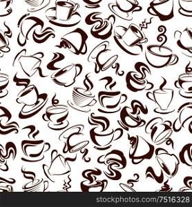 Brown steaming espresso and cappuccino coffee cups seamless pattern. For cafe or restaurant menu design. Brown steaming coffee cups pattern