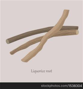 Brown sticks of licorice root sweet on a gray background. Culinary, medical, healthy plant Glycyrrhiza glabra.. Brown sticks of licorice root sweet on a gray background.