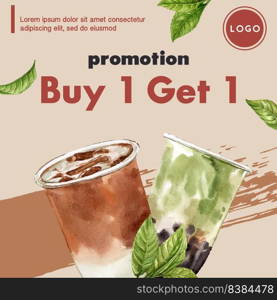 brown sugar bubble milk tea set, poster ad, flyer template, watercolor illustration design