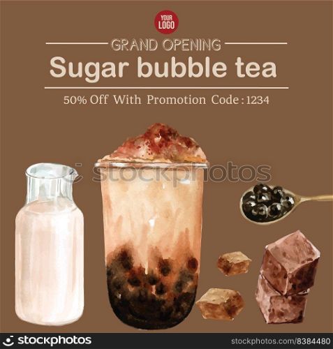brown sugar bubble milk tea set, poster ad, flyer template, watercolor illustration design