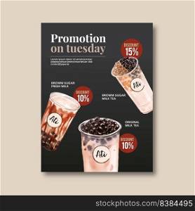 brown sugar bubble milk tea set, poster ad, flyer template, watercolor illustration design