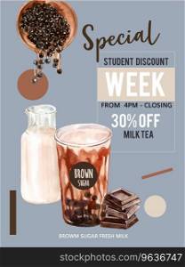 Brown sugar bubble milk tea set poster ad flyer Vector Image