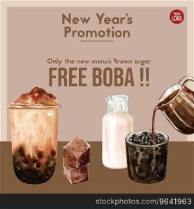 Brown sugar bubble milk tea set poster ad flyer Vector Image