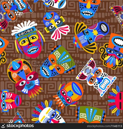 Brown tribal seamless pattern with masks and geometric stylezed spirals, vector illustration. Brown tribal masks seamless pattern